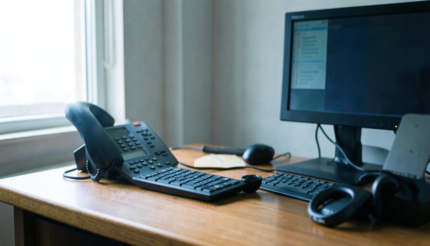 A tidy office desk with a multi-line business phone handset resting beside a monitor, soft natural light from a window, calm and professional mood in neutral grays and warm wood tones.